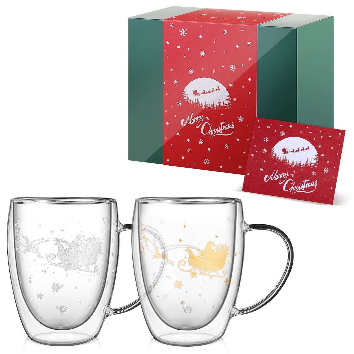 【クリスマス限定】夜光サンタ 雪の ダブルウォールグラス かわいい プレゼント 女性 友達 彼女 娘 誕生日 クリスマスギフト 冬 贈り物 保温保冷 結露しない 取っ手付き 350ml クリスマス ボックス 入り (2個セット)