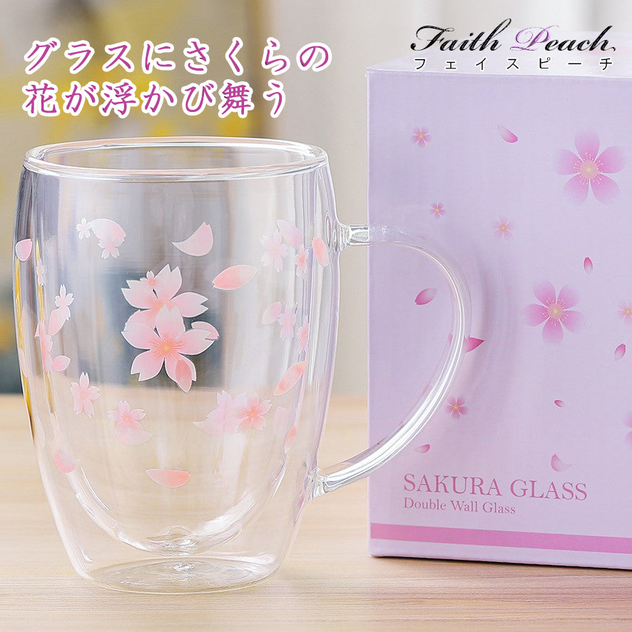 女性プレゼント ダブルウォールグラス さくら 350ml 誕生日 母の日 ギフト 卒業 退職 還暦祝い 取っ手付き 食洗機対応 桜柄 ギフト用マグカップ コーヒーカップ 化粧箱入り