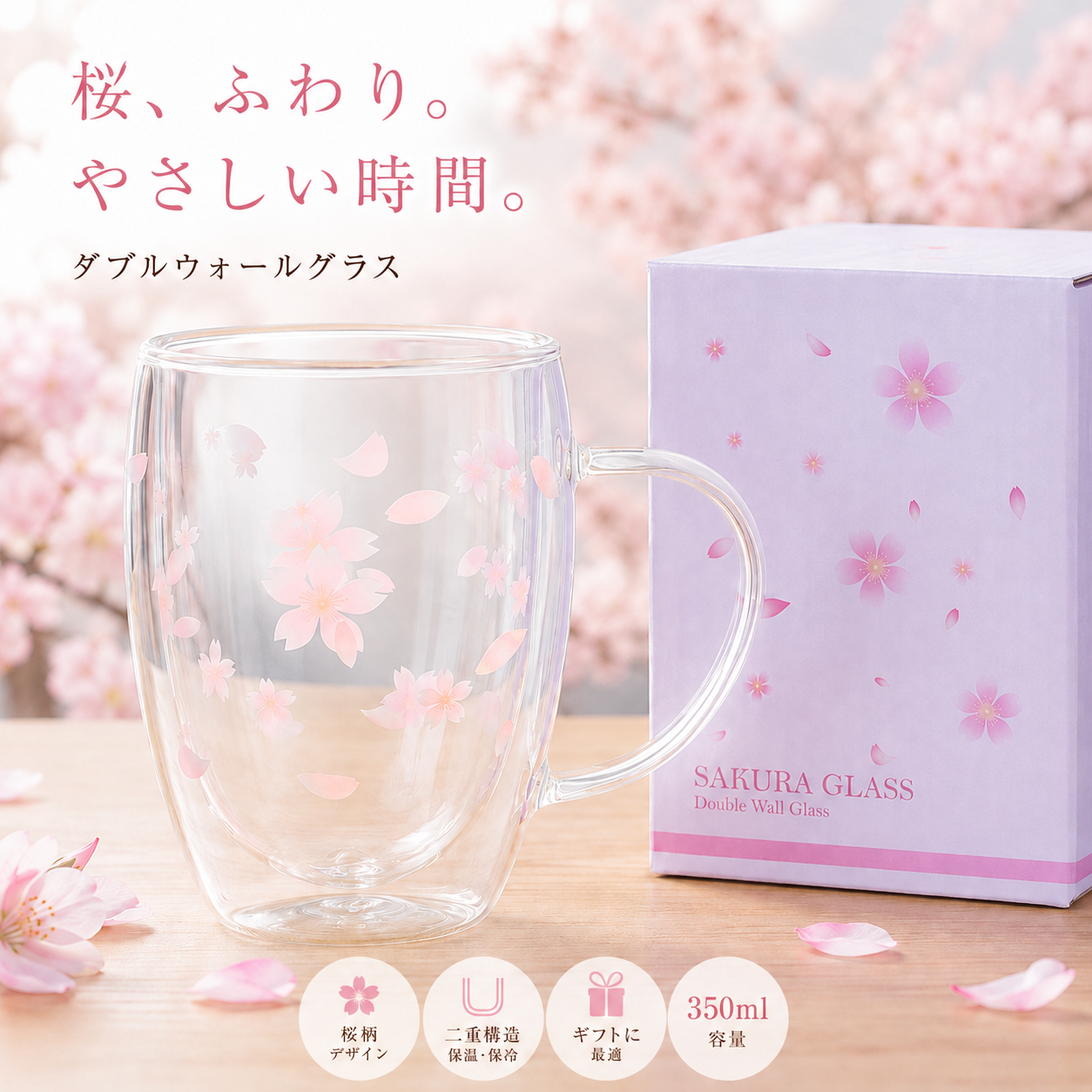 女性プレゼント ダブルウォールグラス さくら 350ml 誕生日 母の日 ギフト 卒業 退職 還暦祝い 取っ手付き 食洗機対応 桜柄 ギフト用マグカップ コーヒーカップ 化粧箱入り