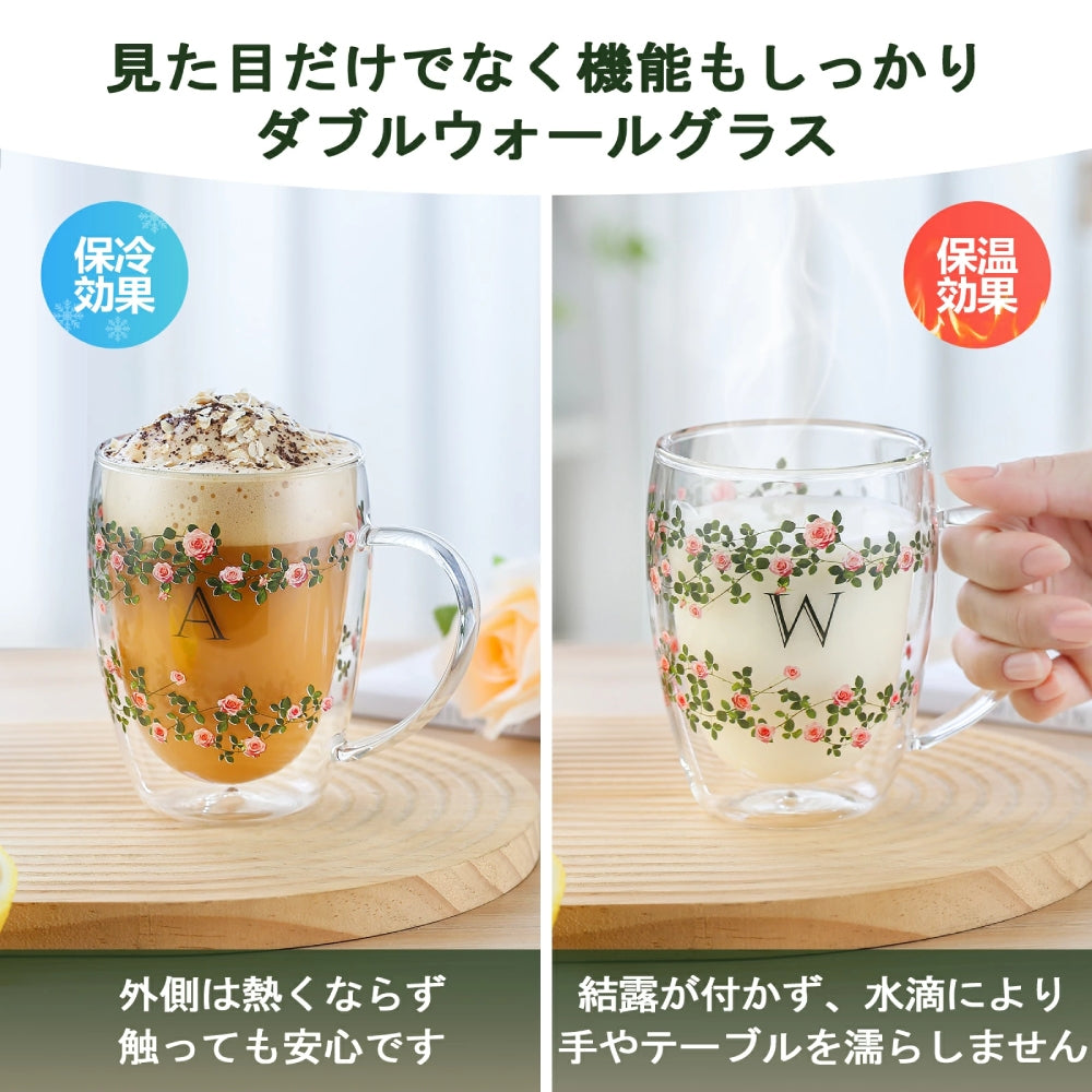 コーヒカップ 誕生日プレゼント女性 ダブルウォールグラス「エデンローズ」名入れ イニシャル入り 保温保冷 取っ手付き おしゃれ花柄 ハンドタオル付き メッセージカードつき 化粧箱入り 母の日 記念日プレゼント退職祝い 友達 妻 姉妹 プレゼント ギフトセット