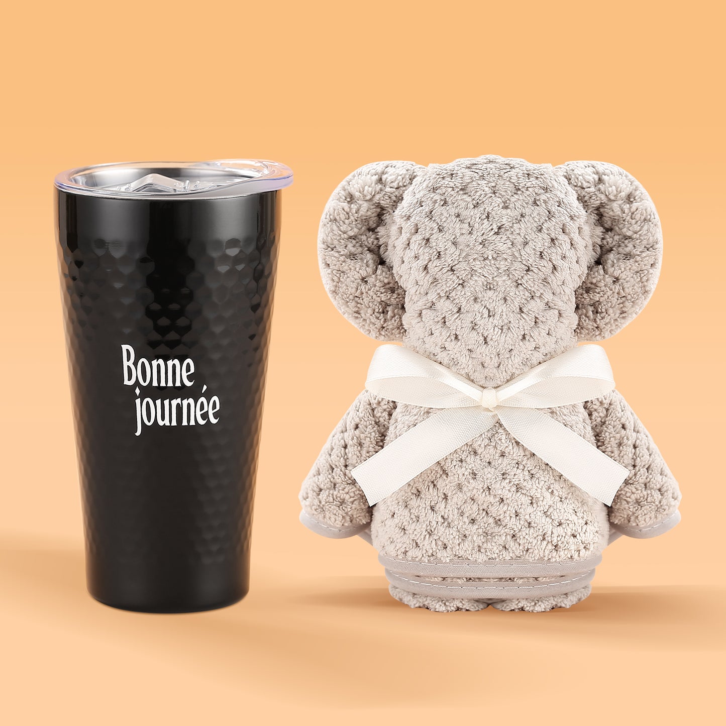 タンブラー タオルベアセット ギフト ボックス入り Bonne journee(ボン・ジュルネ=よい一日を) ロゴ入り 友達 同僚 誕生日プレゼント 彼氏 就職祝い 送別品 退職祝い 記念日ギフト 保温保冷 密閉蓋付き 350ml (ジェットブラック) 真空断熱