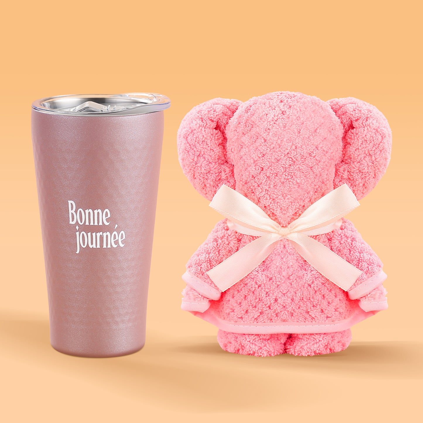 タンブラー タオルベアセット ギフト ボックス入り Bonne journee(ボン・ジュルネ=よい一日を)ロゴ入り 彼女 友達 同僚 誕生日プレゼント 就職祝い 送別品 退職祝い 記念日プレゼント保温保冷 密閉蓋付き 350ml (ピンクゴールド) 真空断熱