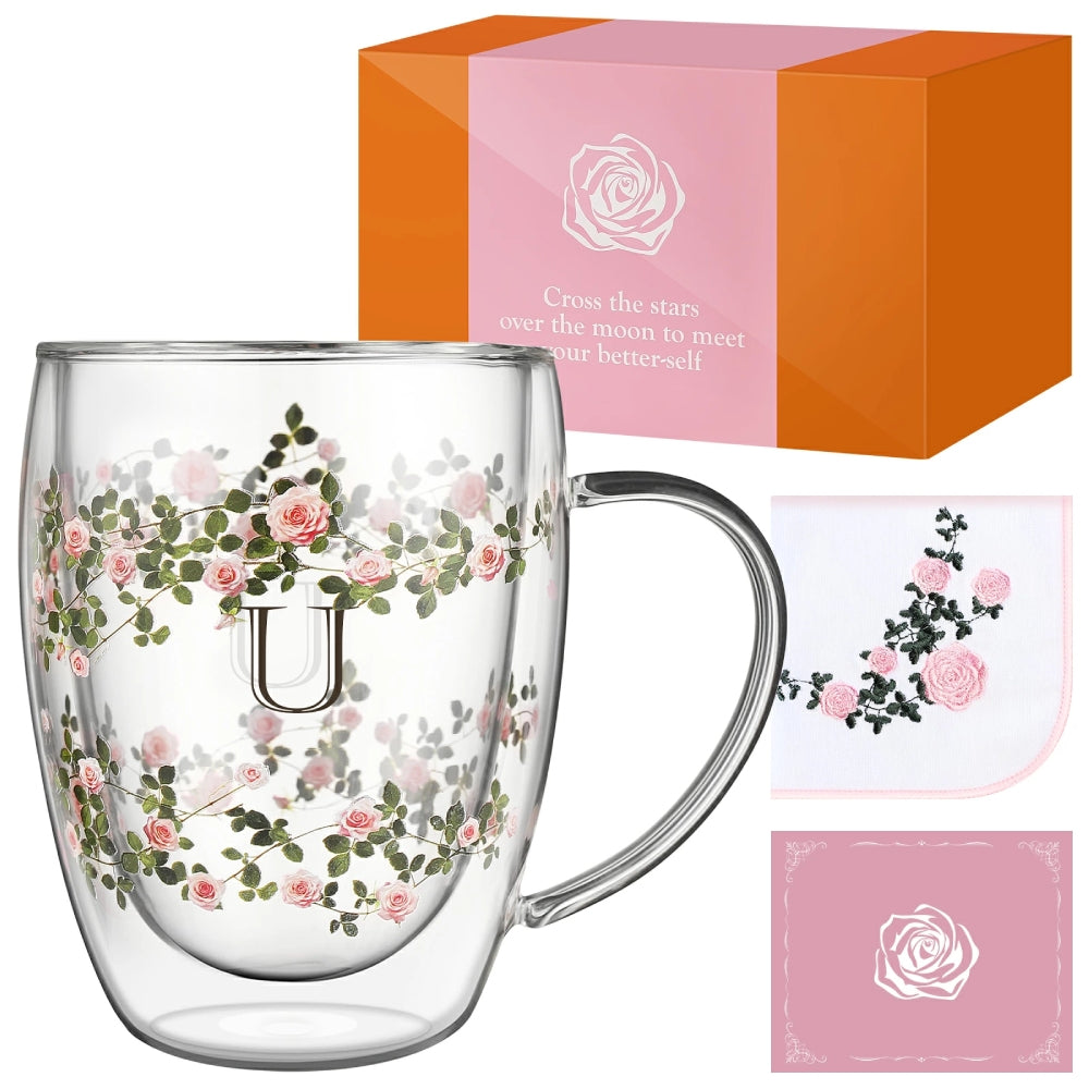 コーヒカップ 誕生日プレゼント女性 ダブルウォールグラス「エデンローズ」名入れ イニシャル入り 保温保冷 取っ手付き おしゃれ花柄 ハンドタオル付き メッセージカードつき 化粧箱入り 母の日 記念日プレゼント退職祝い 友達 妻 姉妹 プレゼント ギフトセット