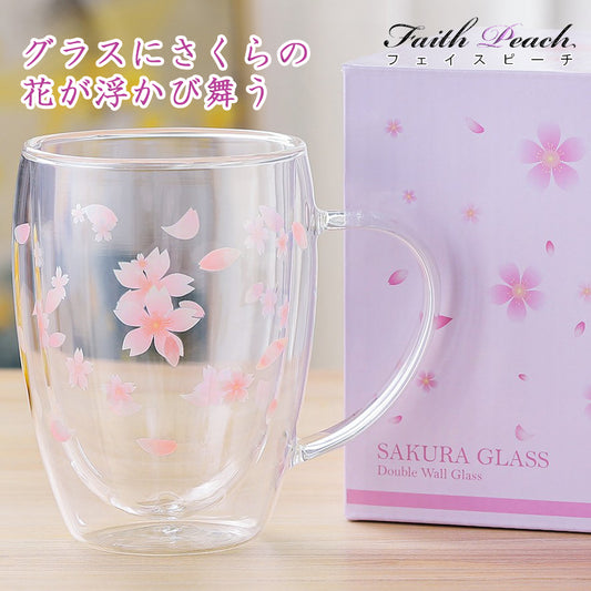 女性プレゼント ダブルウォールグラス さくら 350ml 誕生日 母の日 ギフト 卒業 退職 還暦祝い 取っ手付き 食洗機対応 桜柄 ギフト用マグカップ コーヒーカップ 化粧箱入り