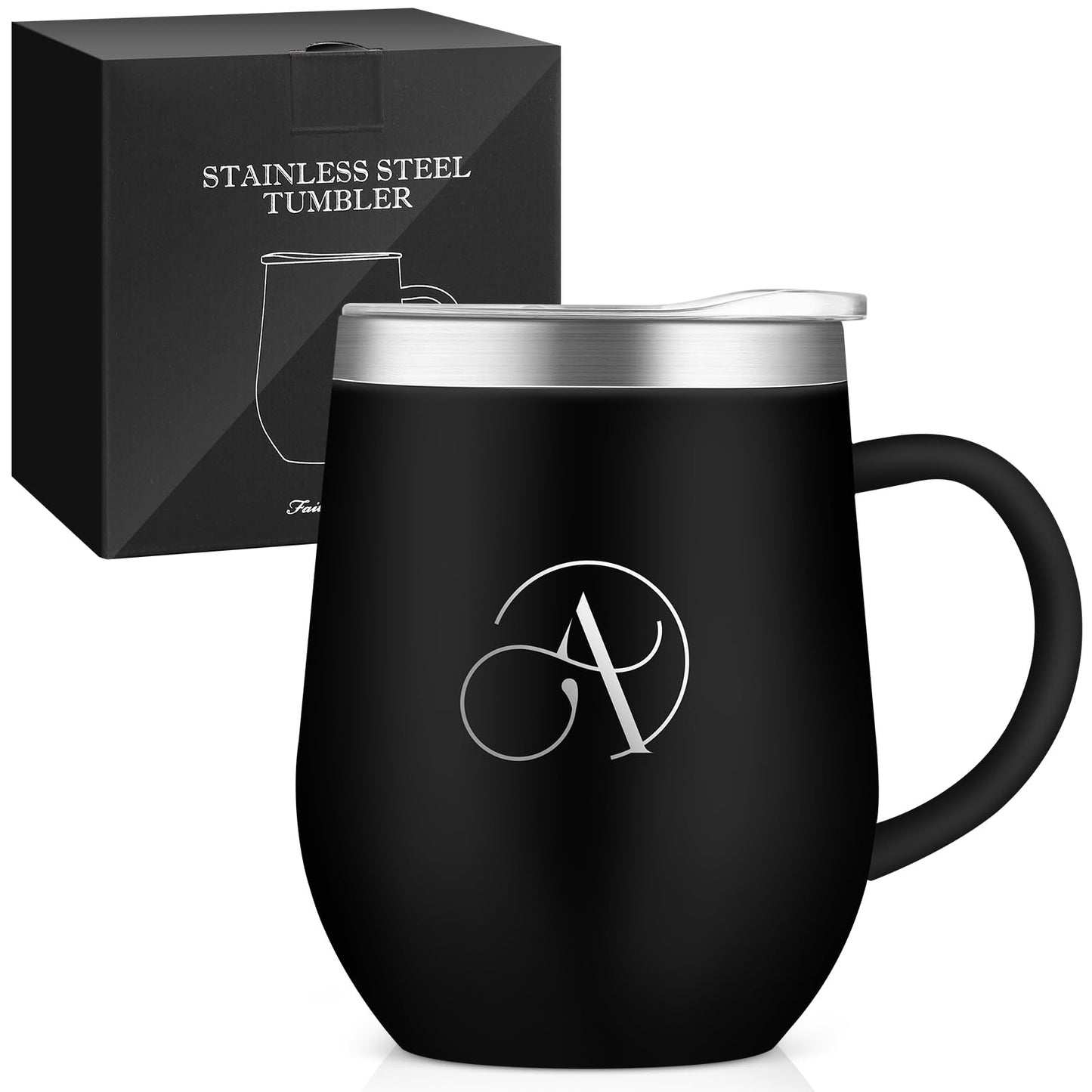 名前 イニシャル入り 誕生日プレゼント 取っ手付きタンブラー 「M」 女性 男性 ギフト ステンレス製 コーヒマグカップ 蓋付き 保温保冷 350ml 化粧箱入り 母の日 父の日 恋人 姉妹 友達 上司 父親 母親 プレゼント 就職 退職 還暦 記念日 クリスマス