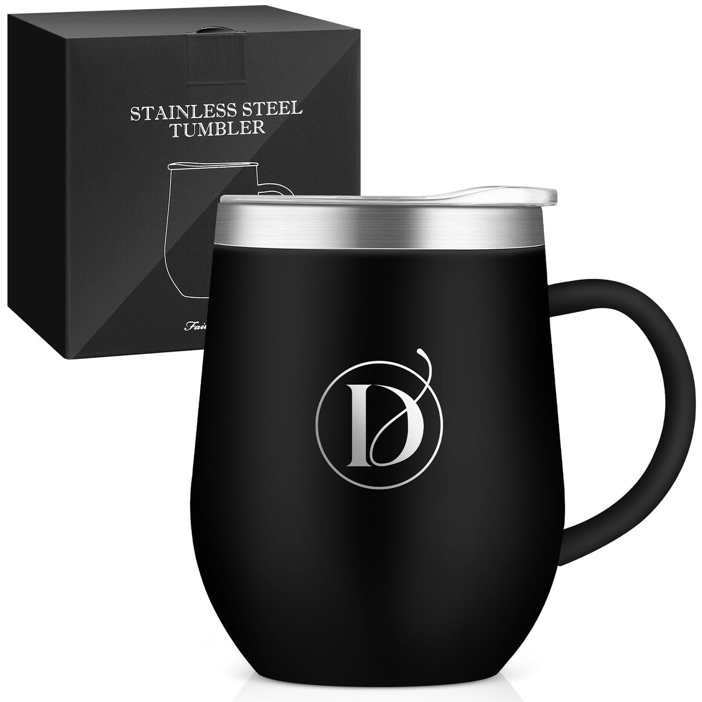 名前 イニシャル入り 誕生日プレゼント 取っ手付きタンブラー 「M」 女性 男性 ギフト ステンレス製 コーヒマグカップ 蓋付き 保温保冷 350ml 化粧箱入り 母の日 父の日 恋人 姉妹 友達 上司 父親 母親 プレゼント 就職 退職 還暦 記念日 クリスマス