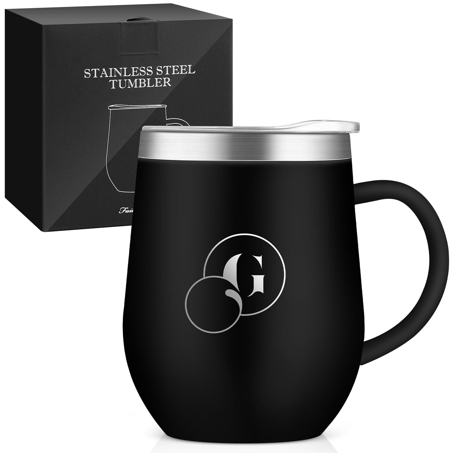 名前 イニシャル入り 誕生日プレゼント 取っ手付きタンブラー 「M」 女性 男性 ギフト ステンレス製 コーヒマグカップ 蓋付き 保温保冷 350ml 化粧箱入り 母の日 父の日 恋人 姉妹 友達 上司 父親 母親 プレゼント 就職 退職 還暦 記念日 クリスマス