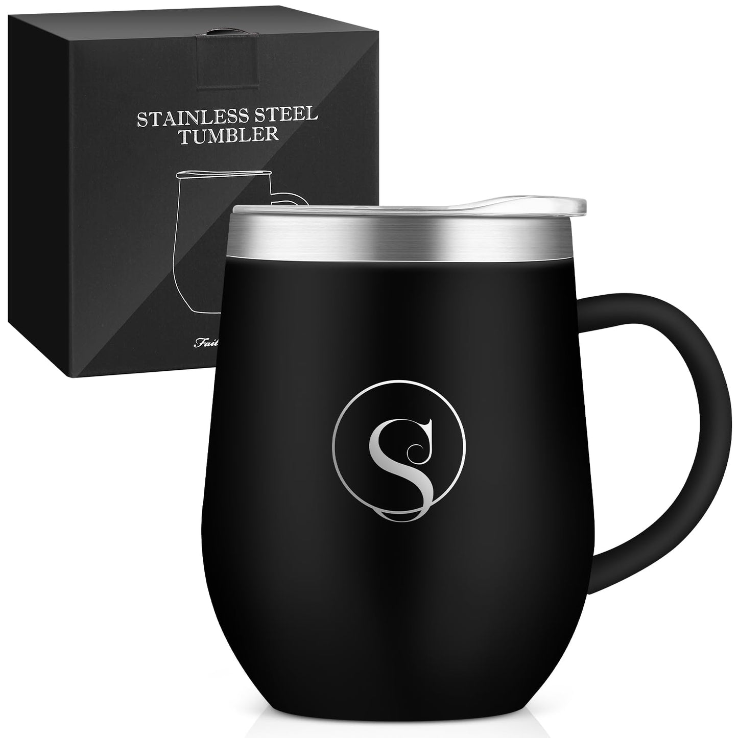 名前 イニシャル入り 誕生日プレゼント 取っ手付きタンブラー 「M」 女性 男性 ギフト ステンレス製 コーヒマグカップ 蓋付き 保温保冷 350ml 化粧箱入り 母の日 父の日 恋人 姉妹 友達 上司 父親 母親 プレゼント 就職 退職 還暦 記念日 クリスマス